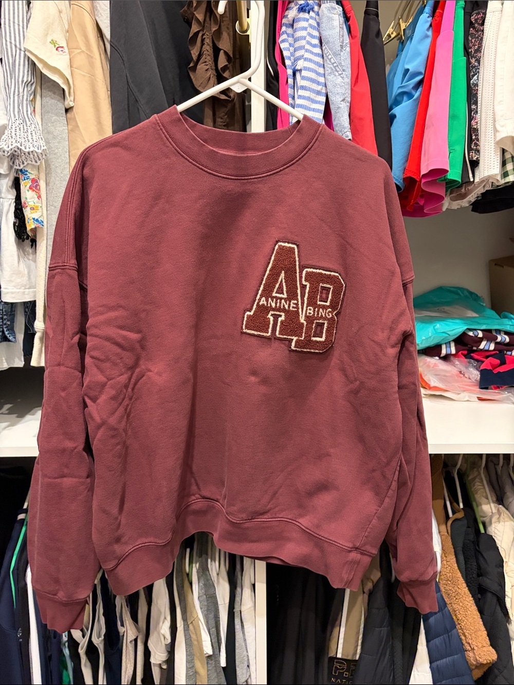 Anine Bing Burgundy Crewneck Sweatshirt with AB Patch